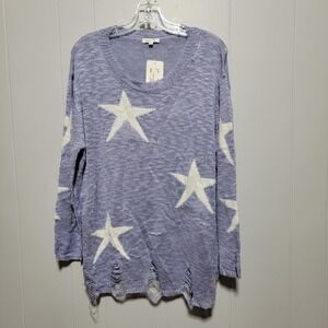 Spencer + Ella Women's Medium M Blue Purple Star Distressed Knit Sweater